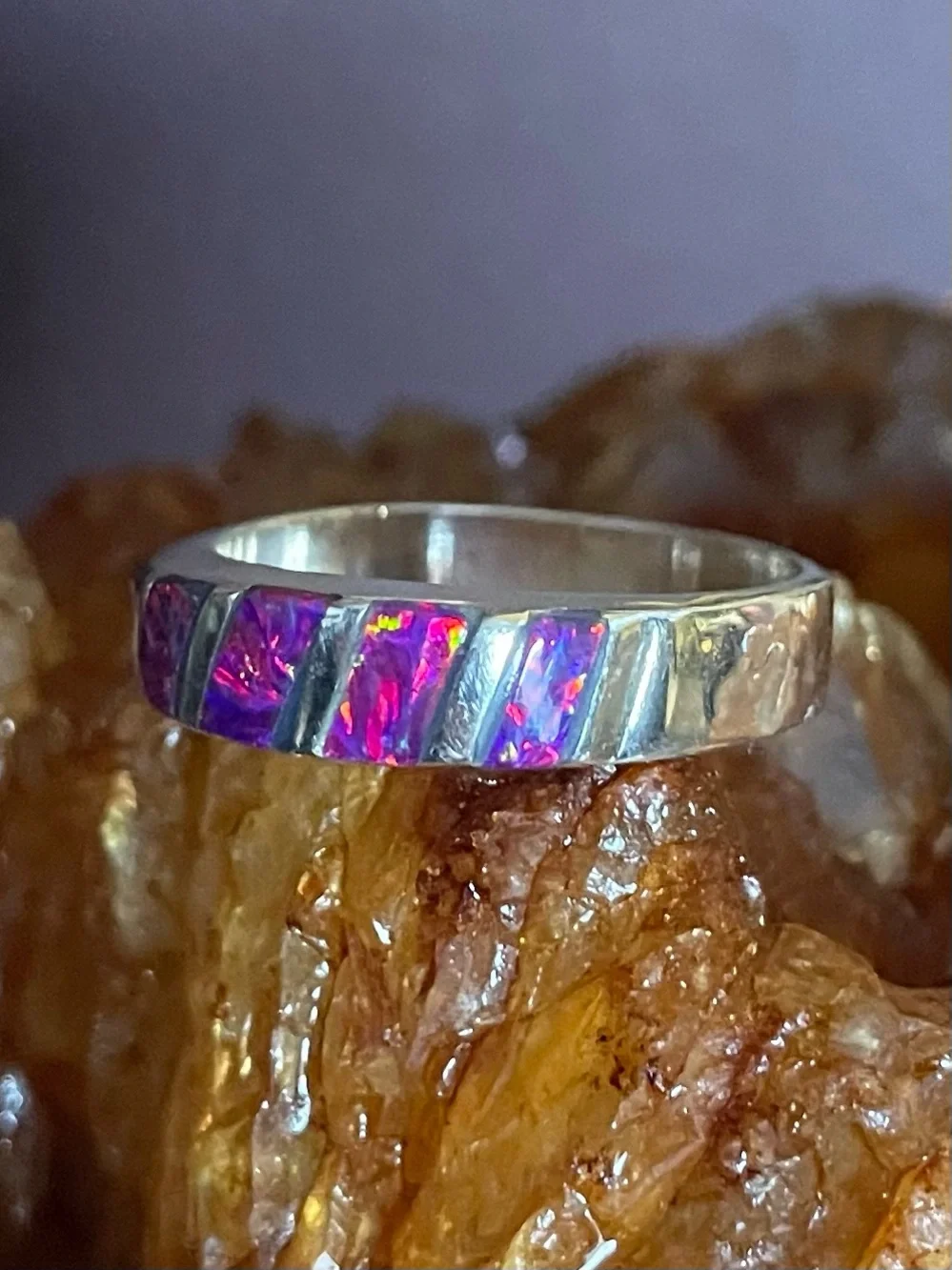 Pink Purple Opal Inlay Vintage Sterling Ring